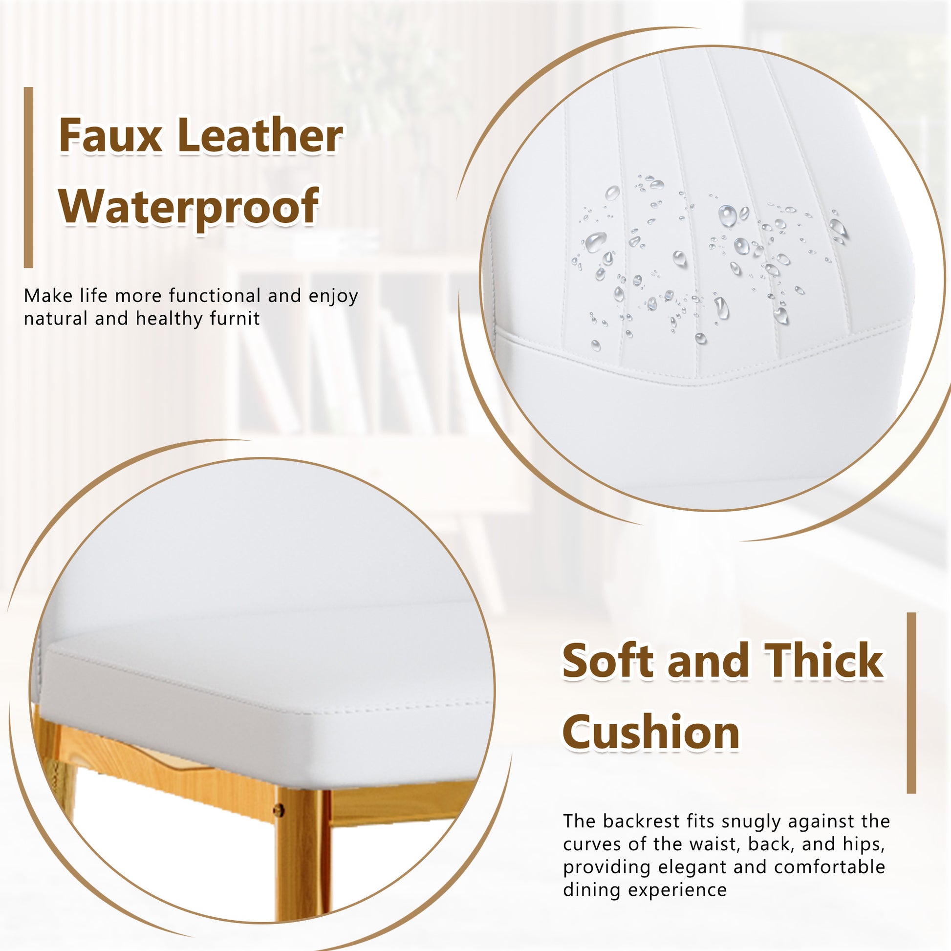 Set of 4 Gold - and - White Dining Chairs, 37 inches High: Ergonomic PU Backrest, Combines Comfort and Style.Perfectly blends comfort and elegance, Injecting more comfort and style into dining time. image 4