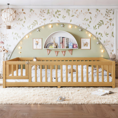 Queen Size Bed Floor Bed with Safety Guardrails and Door for Kids, Natural image 2