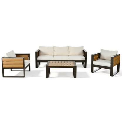 Aluminum Frame Large 4-Piece Outdoor Patio Furniture Set for 5 Person, 3-Seater Sofa, 2 Armchairs with Fold-Out Side Tables, Modern Garden/Patio Seating, All-Weather Use, Beige Cushions image 12