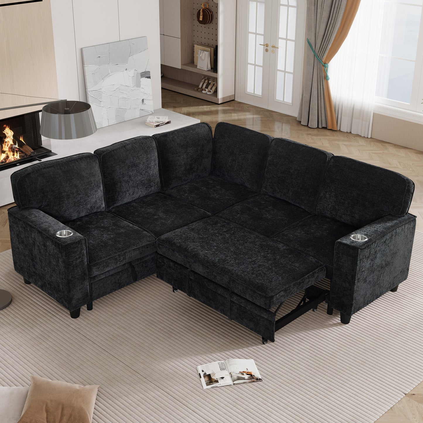L-Shaped Sofa with Pull Out Sofa Bed, Sleeper Sofa Couch Bed with Storage Seat, 5 Seat Sectional Sofa Bed with USB, Sectional Sofa Couch for Living Room, Apartment, Charcoal Grey image 1