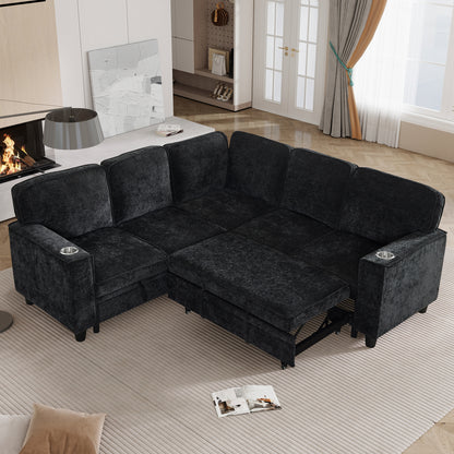 L-Shaped Sofa with Pull Out Sofa Bed, Sleeper Sofa Couch Bed with Storage Seat, 5 Seat Sectional Sofa Bed with USB, Sectional Sofa Couch for Living Room, Apartment, Charcoal Grey image 1