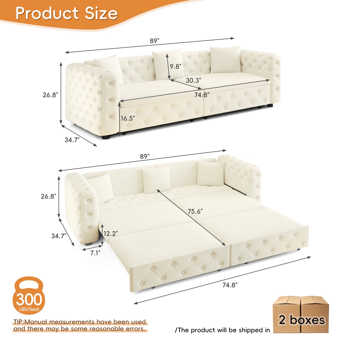 89" Extra Large Multifunctional Sofa Bed, 3-in-1 Pull Out Sofa, 4-Seater Classic Velvet Sofa with Tufted Design, Includes 3 Throw Pillows, Suitable for Apartments and Living Rooms, Beige&White image 8
