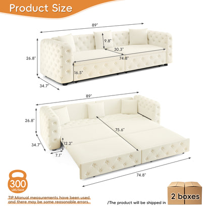 89" Extra Large Multifunctional Sofa Bed, 3-in-1 Pull Out Sofa, 4-Seater Classic Velvet Sofa with Tufted Design, Includes 3 Throw Pillows, Suitable for Apartments and Living Rooms, Beige&White image 8