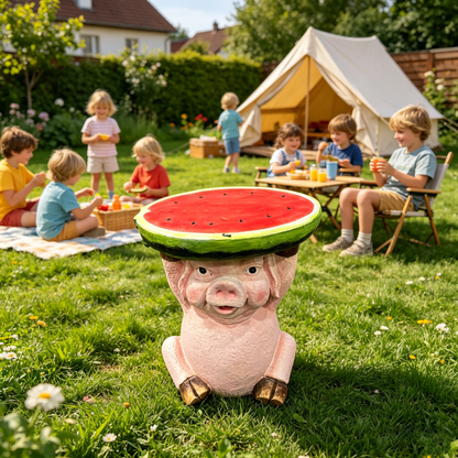 13.39" High Cute Pig Side Table, 11.34" Wide Resin Pig with Watermelon Top, Multi-Functional Plant Stand & End Table for Home & Garden Decoration image 9