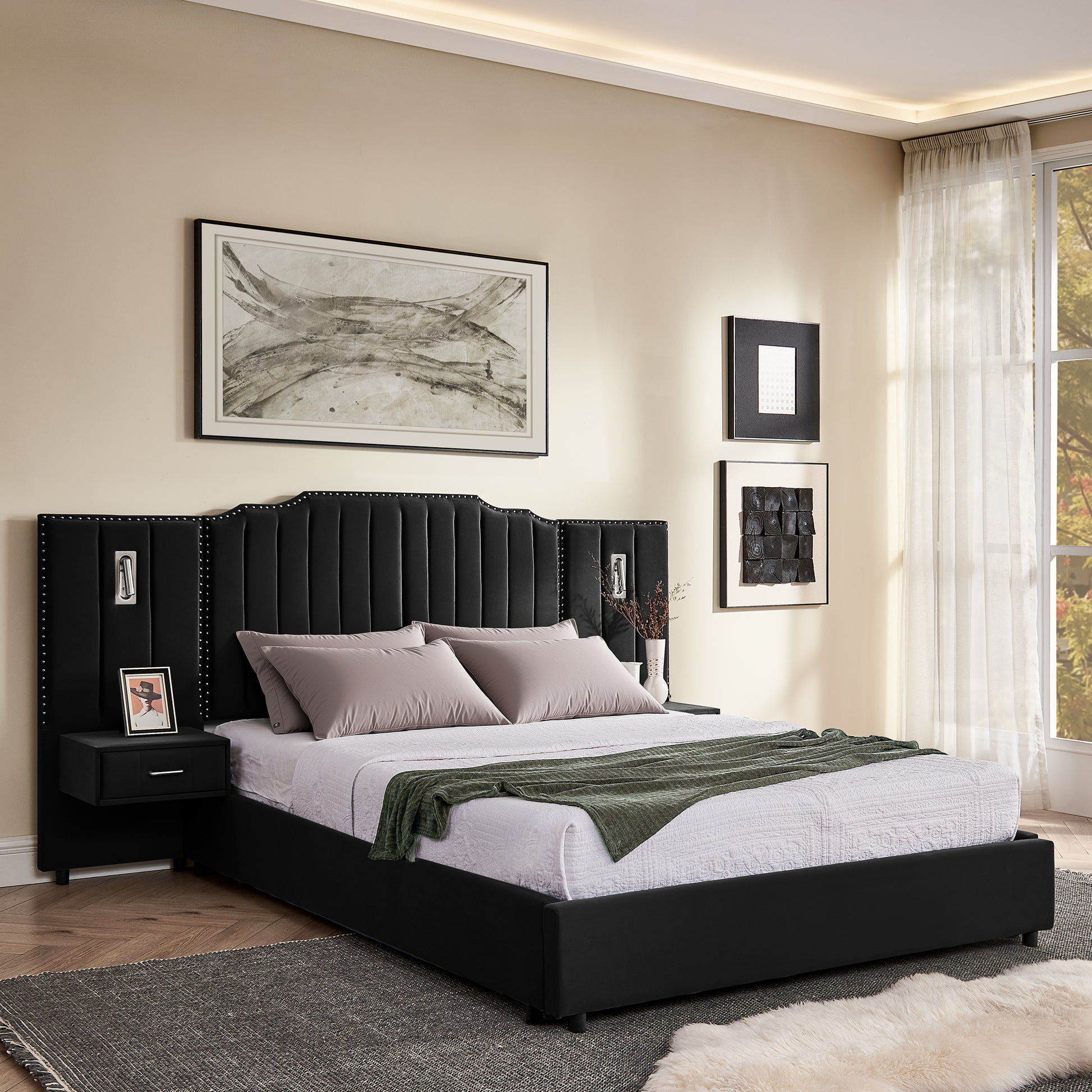 Queen Size Upholstered Bed Frame with Velvet Fabric, Vertical Stripe Design with Buttons Around Platform Bed with Headboard, Solid Frame & Bedside Table - No Box Spring Needed-Black image 2