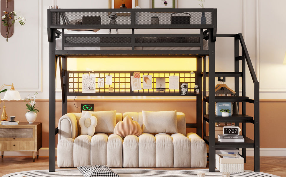 Full Size Loft Bed with Charging Station, Metal Full Loft Bed with Light and Storage, High Loft Bed with Wardrobe and Storage for Kids Teens Adults, Black(Old SKU W2580S00051) image 12