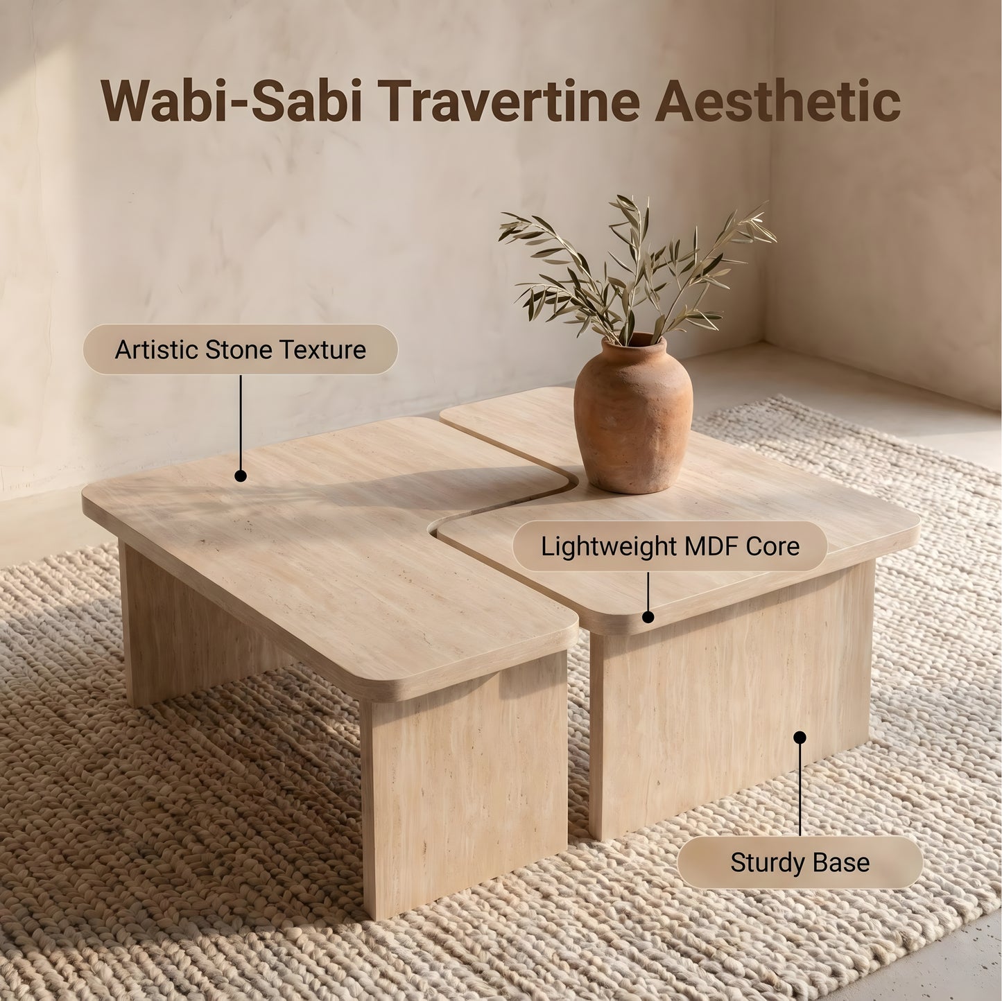 Modular Travertine Coffee Table Set of 2, Nesting L-Shaped Puzzle Center Table, Separable Side Corner Table for Apartment Small Spaces & Living Room,Cream Beige image 5