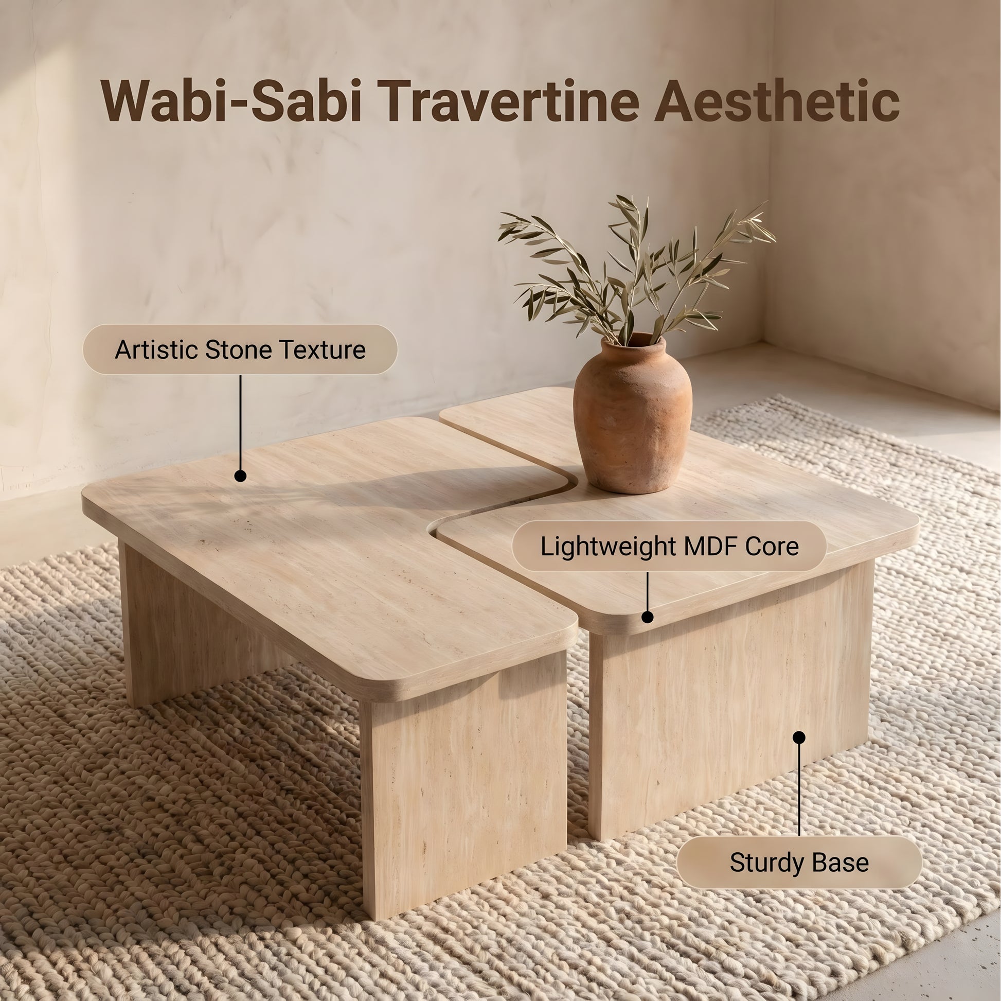 Modular Travertine Coffee Table Set of 2, Nesting L-Shaped Puzzle Center Table, Separable Side Corner Table for Apartment Small Spaces & Living Room,Cream Beige image 5
