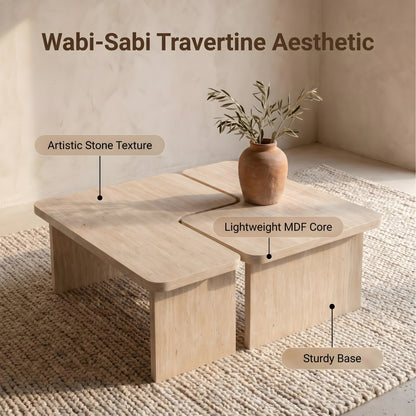 Modular Travertine Coffee Table Set of 2, Nesting L-Shaped Puzzle Center Table, Separable Side Corner Table for Apartment Small Spaces & Living Room,Cream Beige image 5