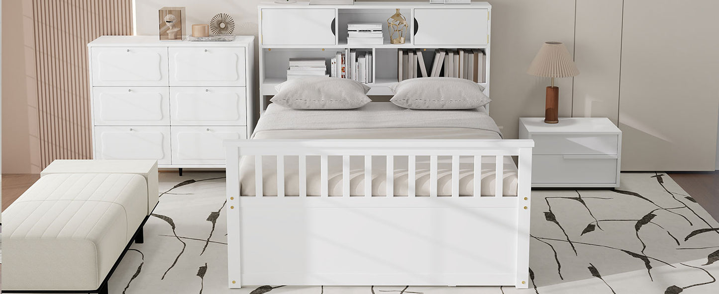 Full Size Captain Platform Bed Frame with Storage Bookcases and Shelves,Four Drawers,White image 9