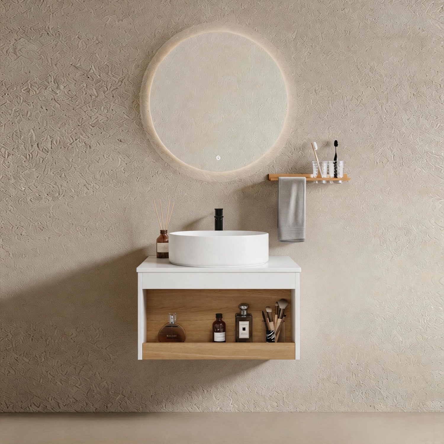 24" Floating Bathroom Vanity with Glossy White Round Vessel Sink, Wall-Mounted Vanity with Open Shelf Storage, White Finish with Durable Countertop, Space-Saving Modern Design (Ships in 2 Boxes) image 1