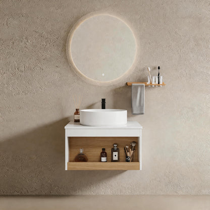 24" Floating Bathroom Vanity with Glossy White Round Vessel Sink, Wall-Mounted Vanity with Open Shelf Storage, White Finish with Durable Countertop, Space-Saving Modern Design (Ships in 2 Boxes) image 1