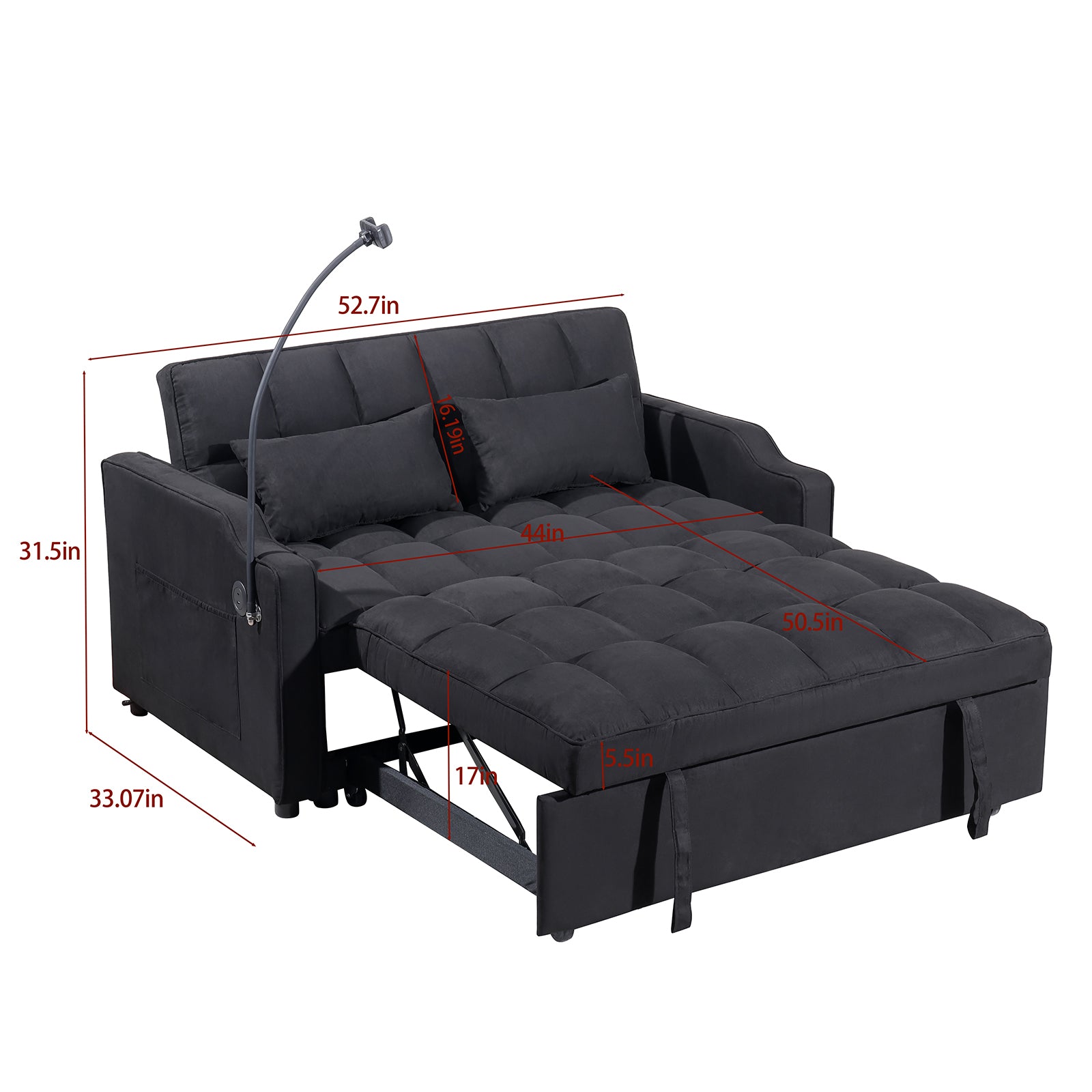 1 multifunctional foldable sofa bed with 3 different lengths, modern sofa, upgraded suede fabric, adjustable backrest, Black color with USB port and rotating telephone stand image 10