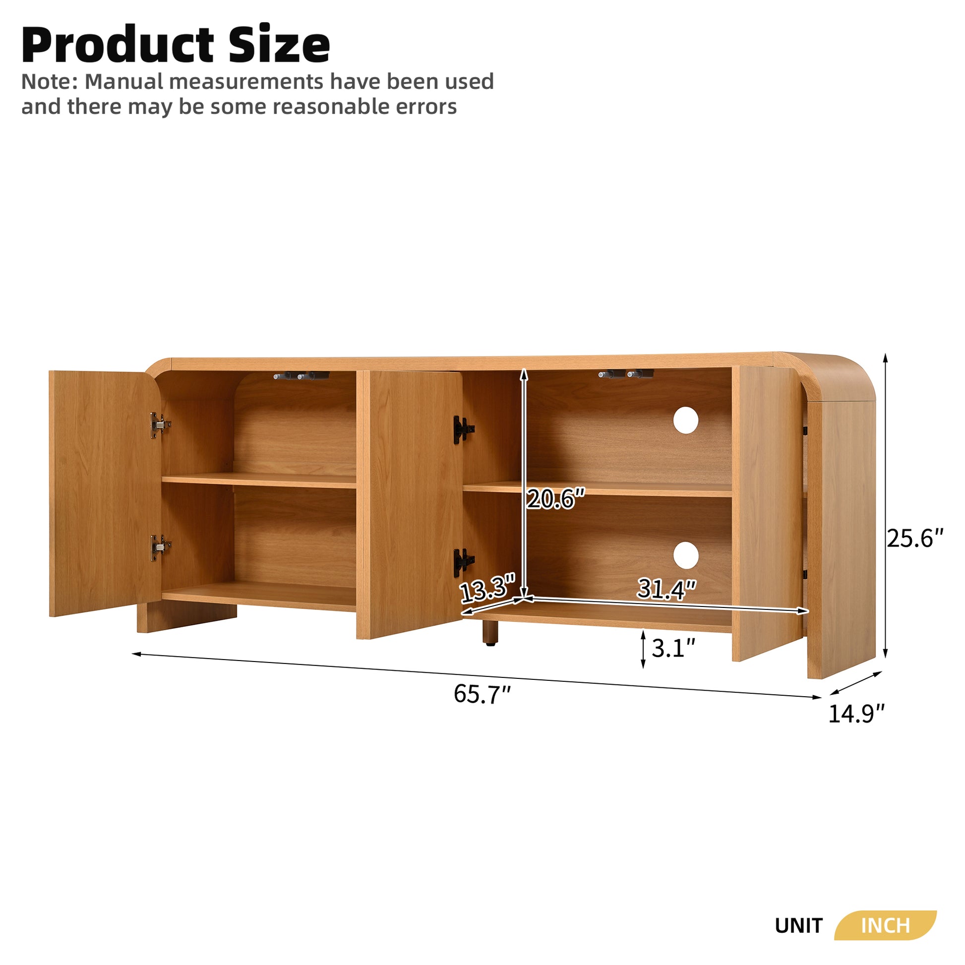 Farmhouse Curved Edge TV Stand with Large Cabinets for TVs up to 70", Minimalist Wood Grain Media Console with Cable Management, Mid Century TV Cabinet with Adjustable Shelves for Living Room, Natural image 7