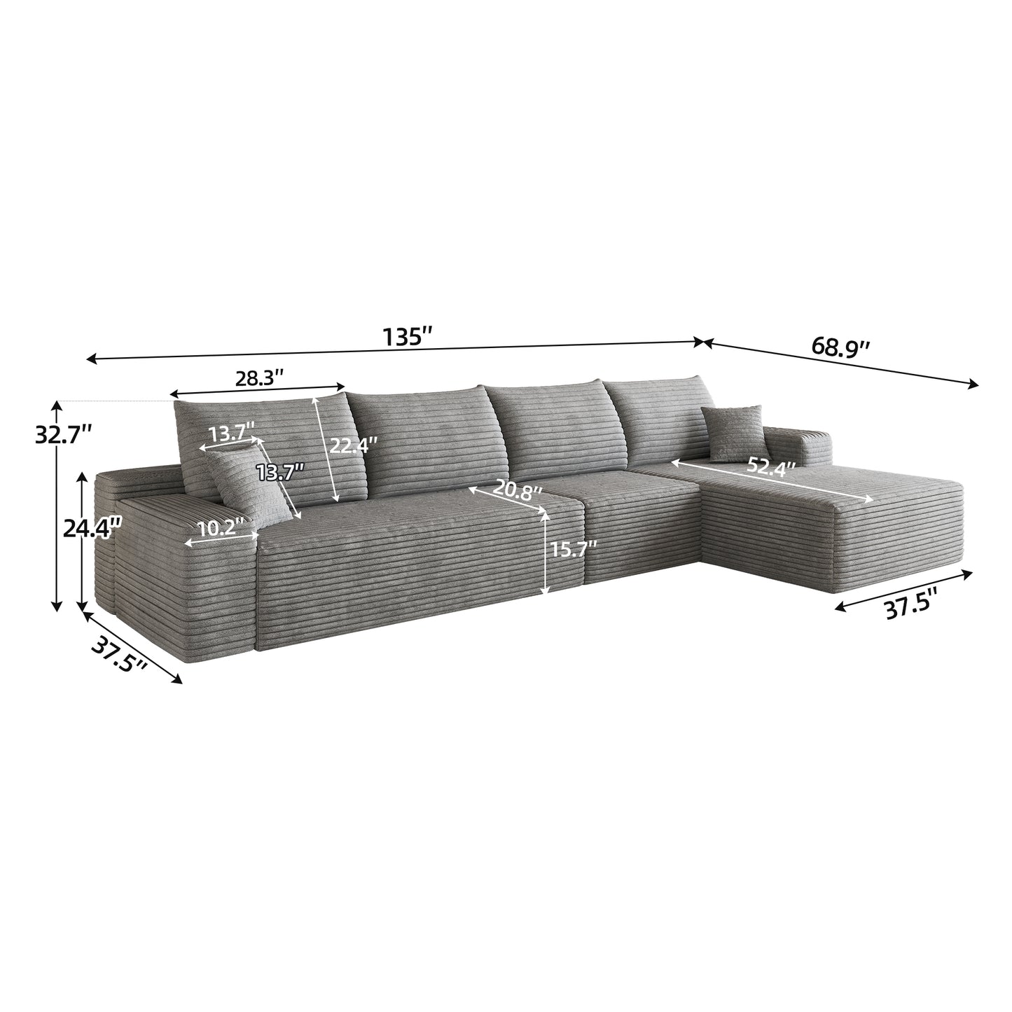 135" Cloud Sectional Couch with L-Shape Chaise,Modern Modular Sofa with Deep Seat, Upholstered Couches for Living Room Bedroom,No Assembly Required,Grey (Plush Corduroy Fabric) image 5