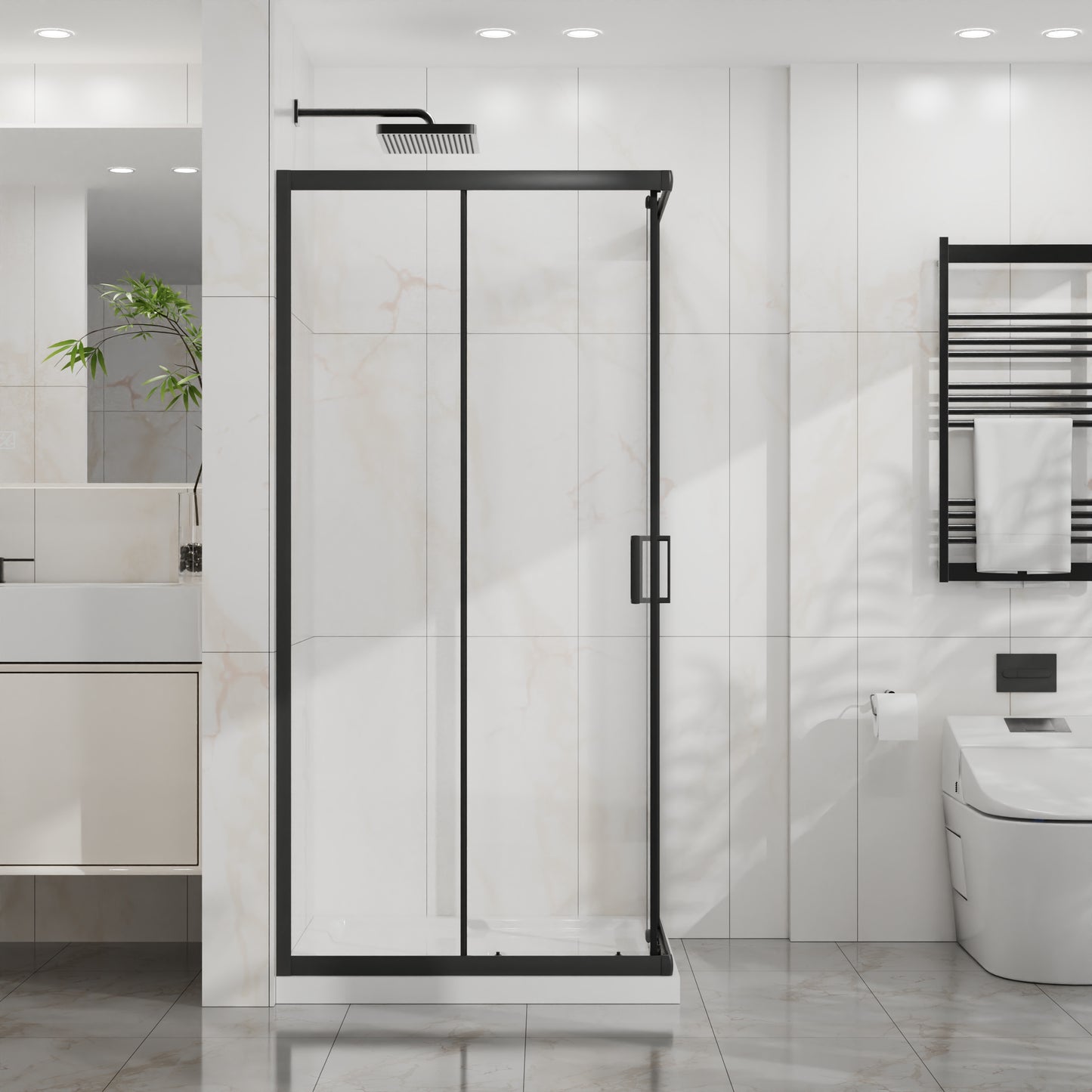 Goodyo Corner Shower Enclosure 36 in.D x 36 in. W x 72 in. H, Double Sliding Shower Door with White Shower Base, 1/5 in Clear Tempered Glass Shower Stall, Matte Black image 3