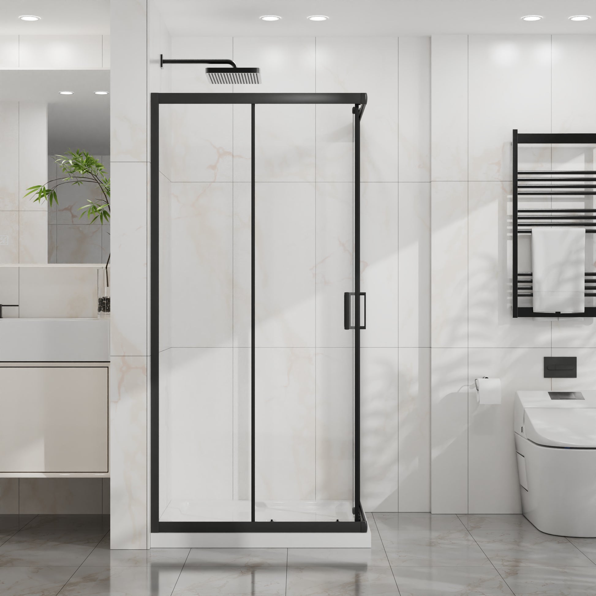 Goodyo Corner Shower Enclosure 36 in.D x 36 in. W x 72 in. H, Double Sliding Shower Door with White Shower Base, 1/5 in Clear Tempered Glass Shower Stall, Matte Black image 3