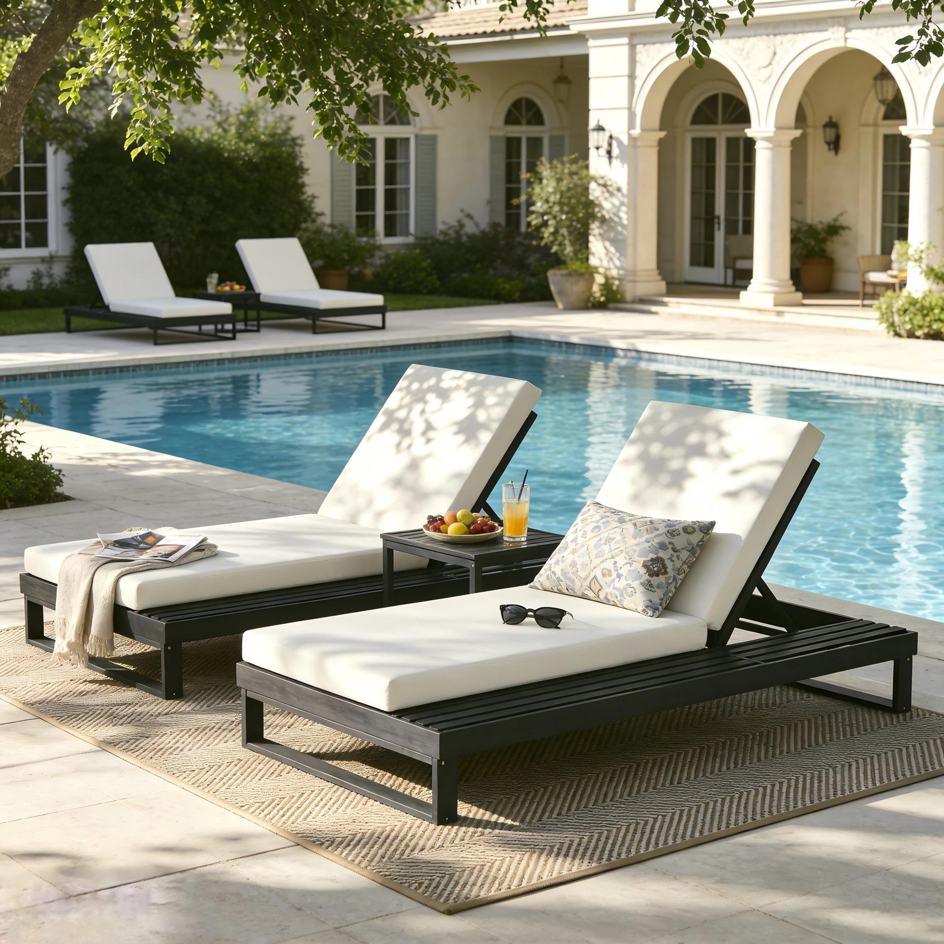 Black Acacia Wood Chaise Lounge with 4-Inch Cream 2-FoldCushion Set, 4-Position Adjustable Outdoor Patio Lounger with Flat Side Surface, for Poolside- Matching dark grey version available image 7