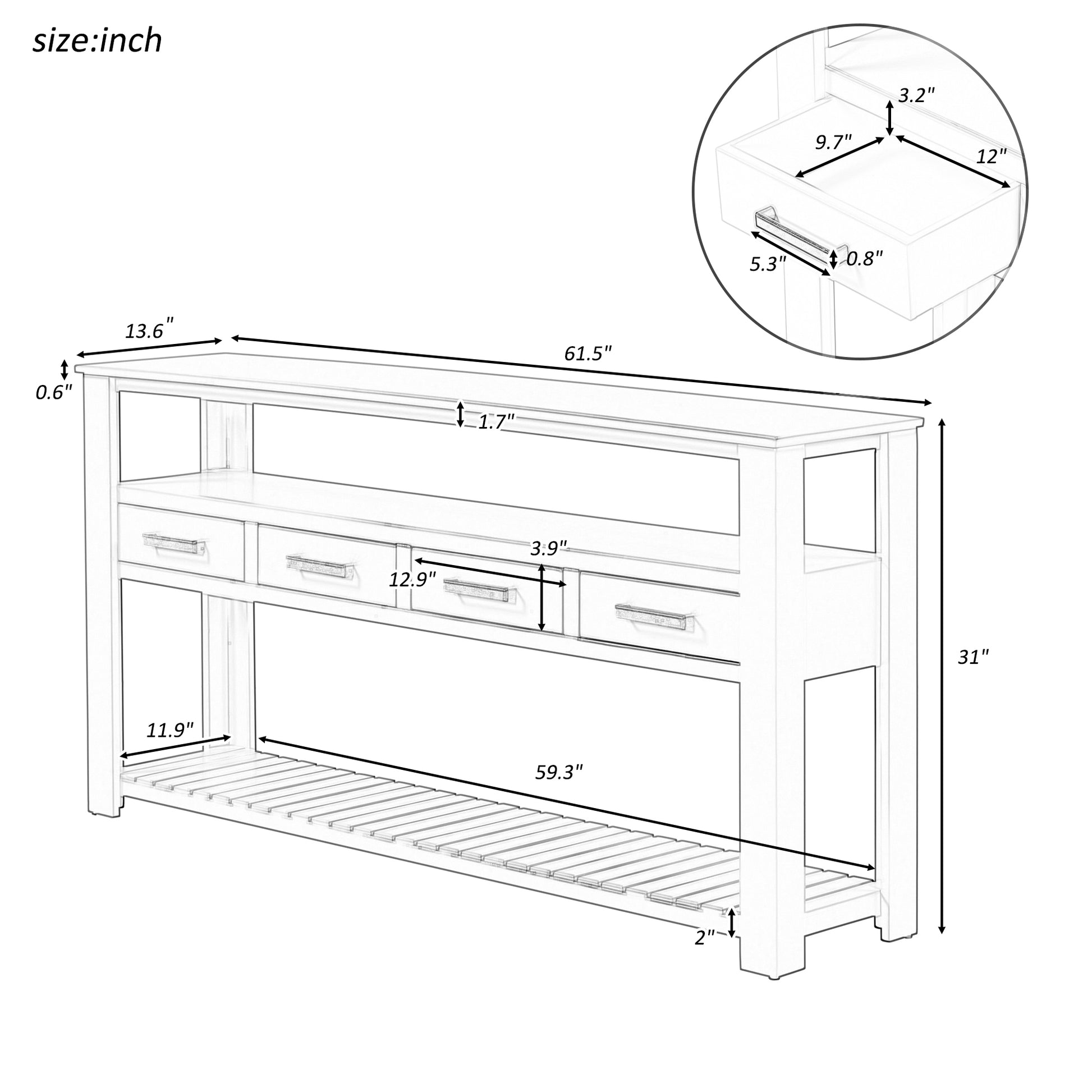 U_STYLE 61.5''Large Entryway Table with 4 Drawers,Painted Console Table with 3-Tier Open Shelves and Metal Handles,Versatile Hallway Sofa Table for Living Room, Bedroom, Foyer and Kitchen image 7