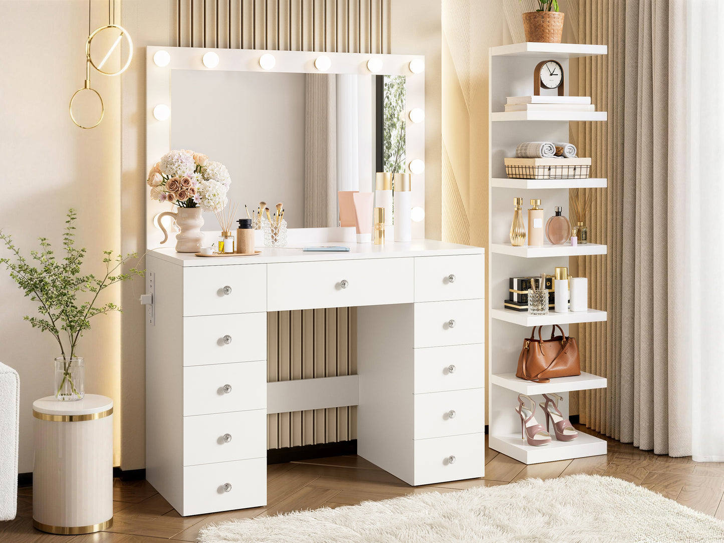 Vanity Desk with 11 Hollywood Bulbs & 7-Tier Storage Shelves, Makeup Vanity Desk with Power Outlet and 11 Drawers, 3 Color Lighting Modes, Dressing Table with Display Shelf Crystal Handles,White image 9