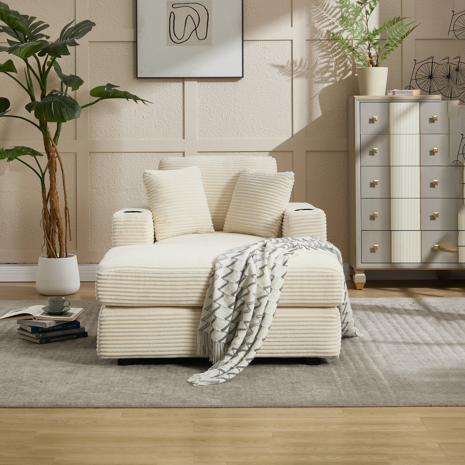 [New]Corduroy Upholstered Chaise Lounge Sofa,Magazine bag,Detachable Cushions Deep Seat for Living Room Office,3 colour image 7