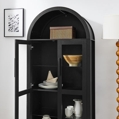 A high arched storage cabinet with a lamp, a modern retro-style wooden storage cabinet with adjustable glass partitions, suitable for use as a multi-functional cabinet in kitchens-Black image 6