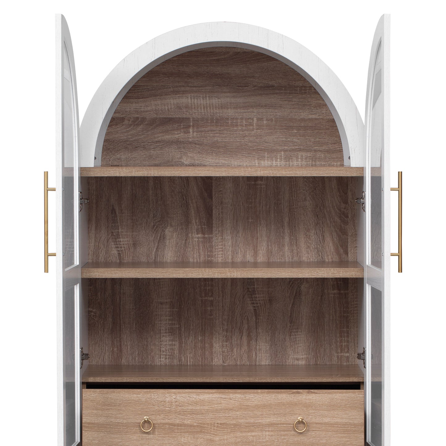 K&K 71" Tall Arched Kitchen Pantry Cabinet with Door Shelves, Farmhouse Kitchen Storage Cabinet with Open & Adjustable Shelves, Hidden Drawer & Glass Door, Cupboard for Kitchen, Dining Room, White image 10