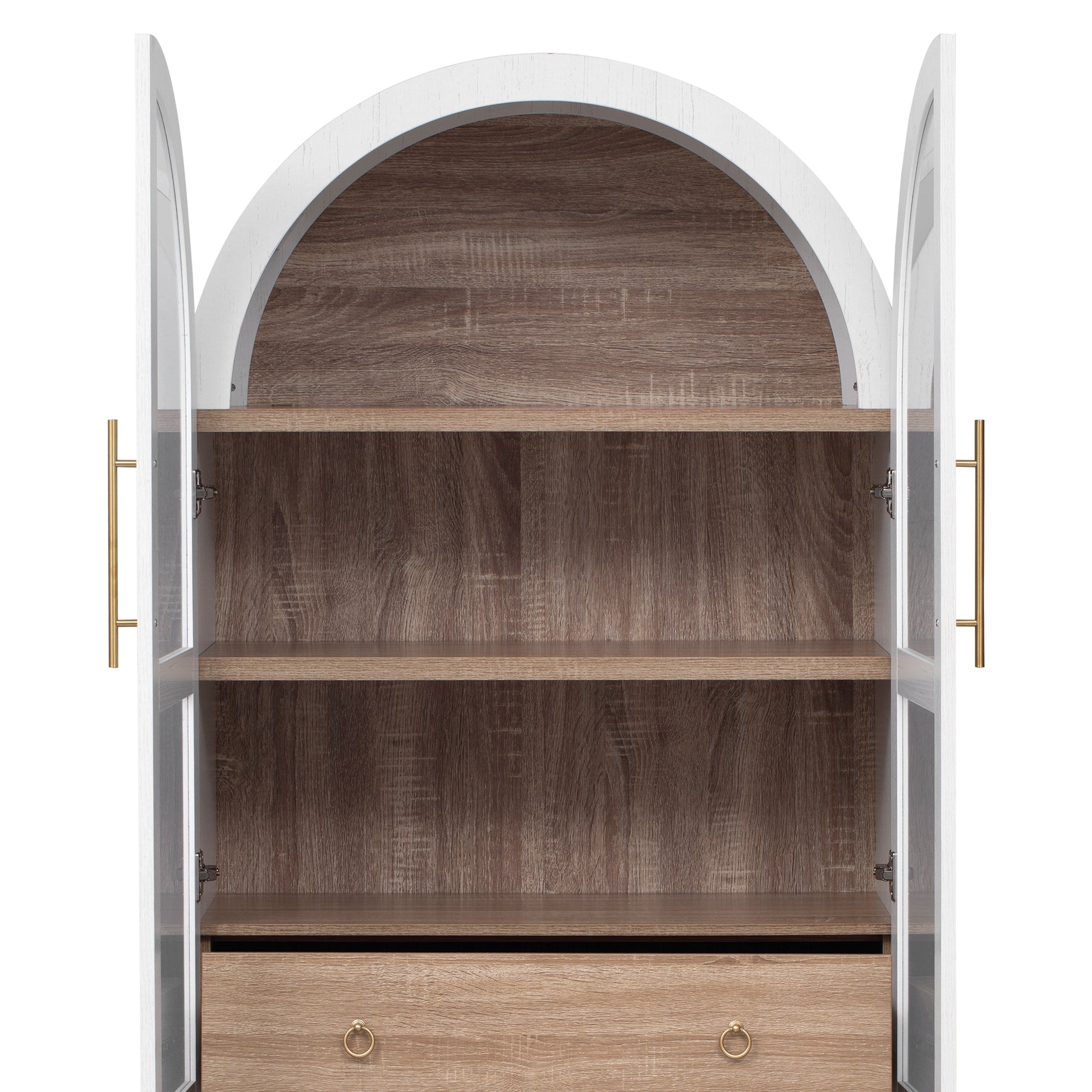 K&K 71" Tall Arched Kitchen Pantry Cabinet with Door Shelves, Farmhouse Kitchen Storage Cabinet with Open & Adjustable Shelves, Hidden Drawer & Glass Door, Cupboard for Kitchen, Dining Room, White image 10