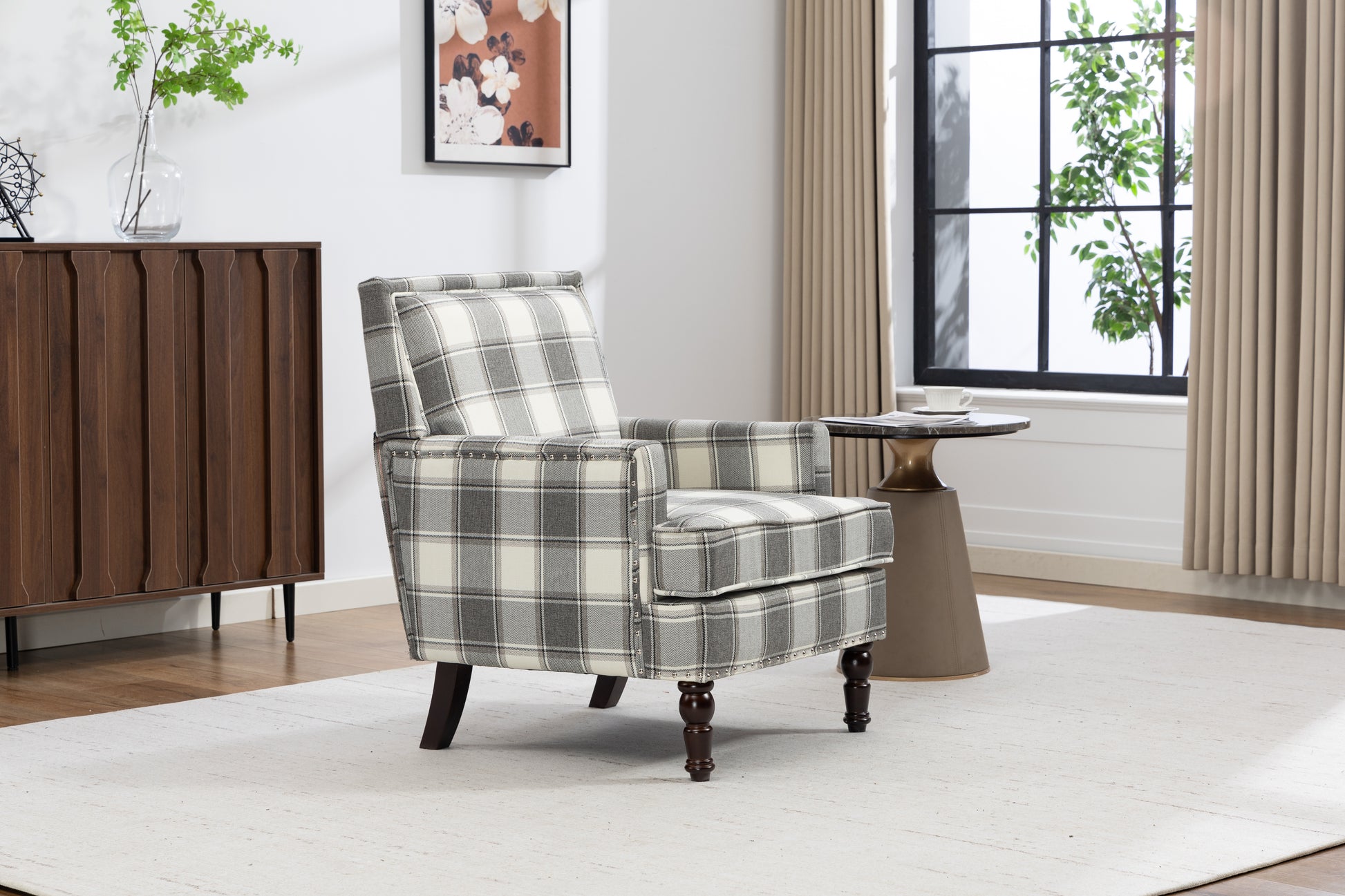 Upholstered Accent Chair, Vintage Armchair with Grey Linen Fabric and Nailhead Trim for Living Room image 9
