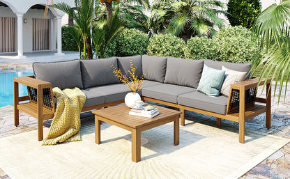 <Old SKU: N704G201249E> 4 Pieces Outdoor Acacia Wood Sofa Set, Woven Mesh Armrests, L-Shaped Patio Furniture Sofa Set with Coffee Table, Outdoor Conversation Set with Gray Cushions and Side Table image 8