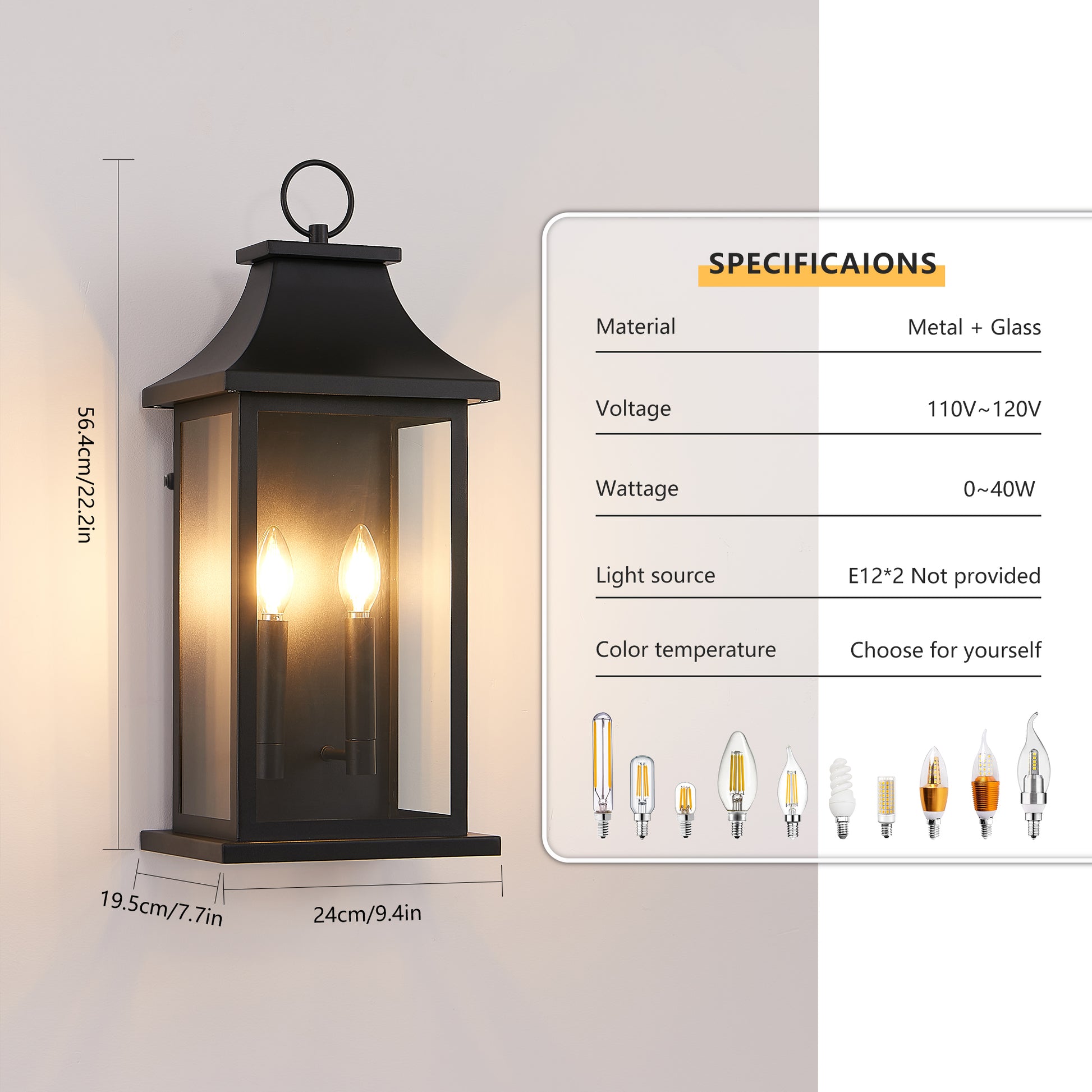 2-Pack Dusk to Dawn Outdoor Wall Lantern 2-Light, 22.2" Large Outside Wall Sconce, Modern Black Wall Light Fixture with Glass, Waterproof Exterior Lamp for House, Porch, Garage image 7