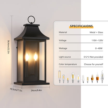 2-Pack Dusk to Dawn Outdoor Wall Lantern 2-Light, 22.2" Large Outside Wall Sconce, Modern Black Wall Light Fixture with Glass, Waterproof Exterior Lamp for House, Porch, Garage image 7