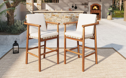 Outdoor Counter Height Bar Stools Chair Set of 2, Modern Patio Acacia Wooden Stools with Backrest Arm and Webbing Seat, for Patio, Pool, Garden, Beige Cushions Included image 7