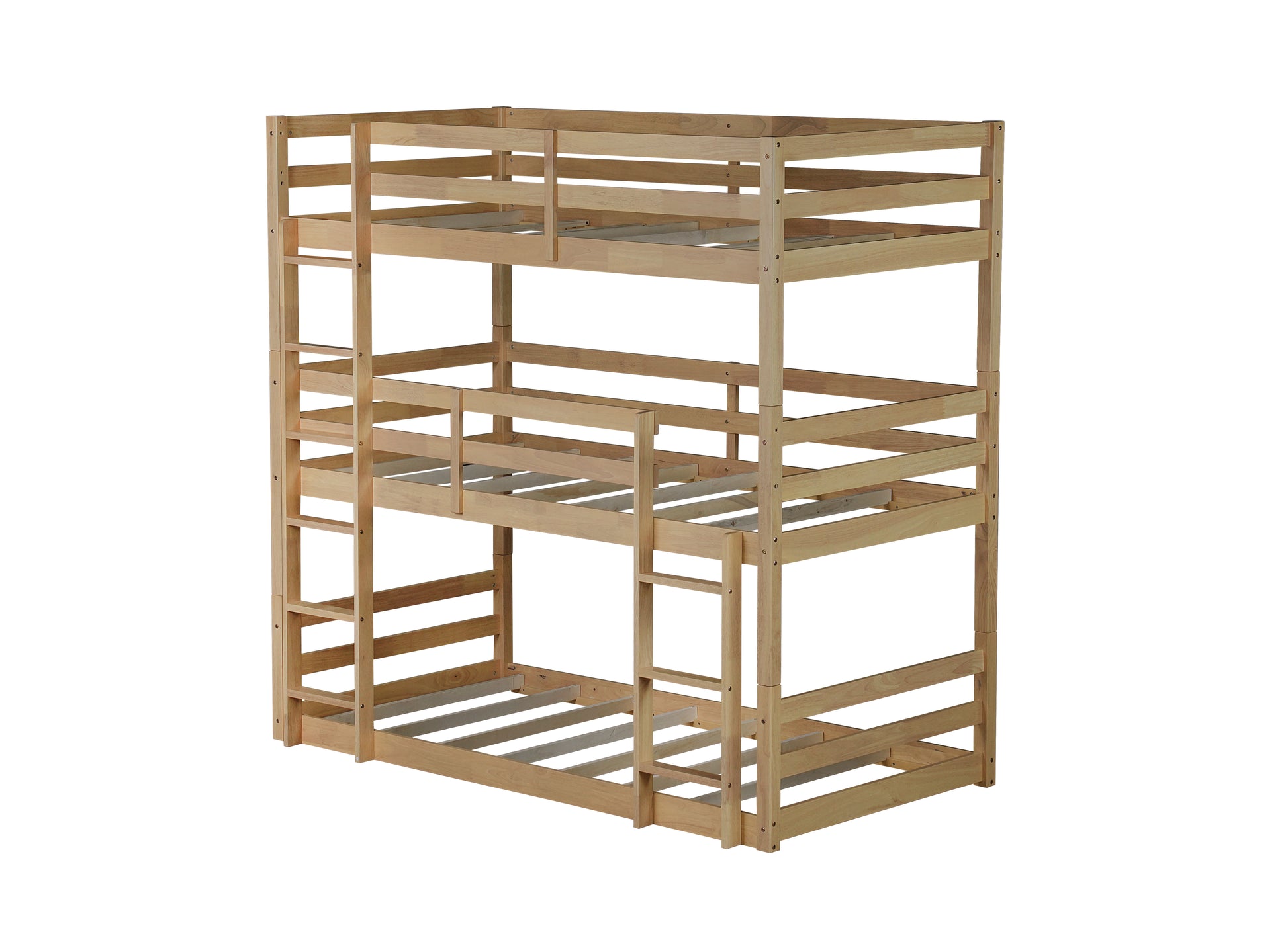 Triple Rubber Wood Bunk Bed with Two Built-in Ladders, Guardrails, Twin over Twin over Twin, Detachable Triple Twin Bunk Bed,Natural image 2