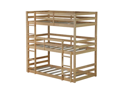 Triple Rubber Wood Bunk Bed with Two Built-in Ladders, Guardrails, Twin over Twin over Twin, Detachable Triple Twin Bunk Bed,Natural image 2