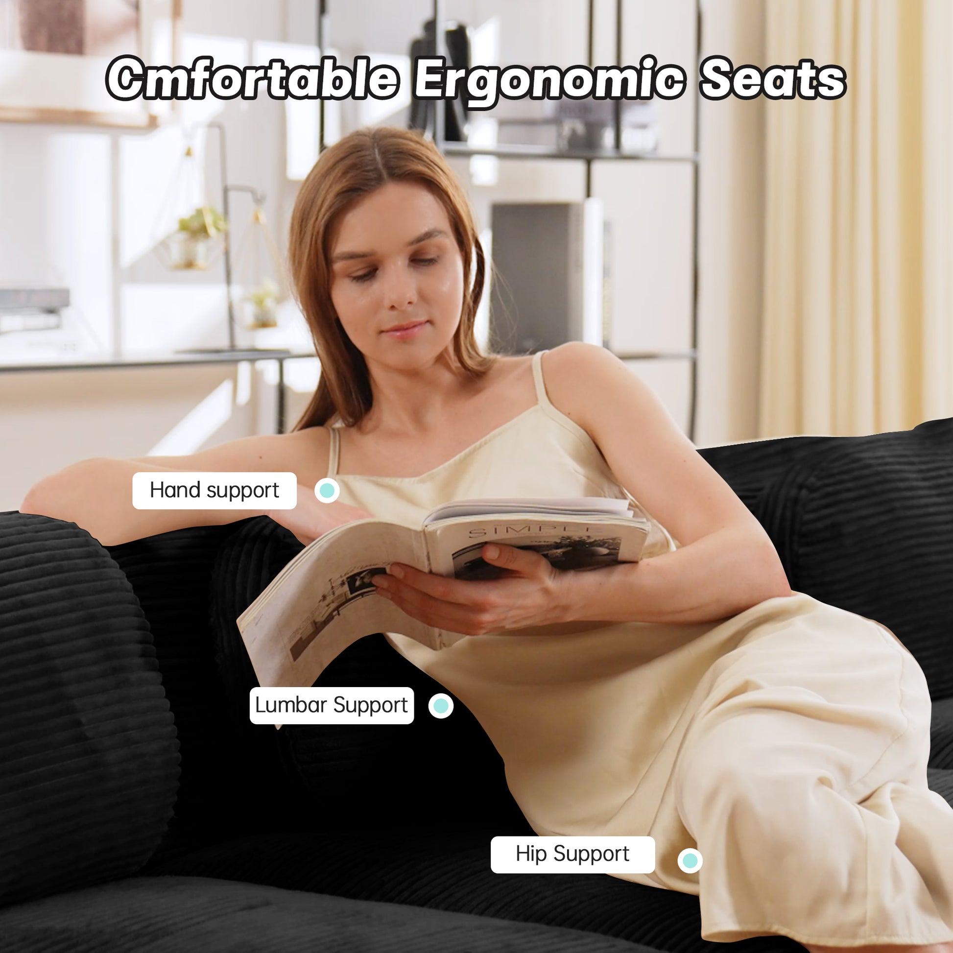 L-shaped modular sofa no assembly ergonomic design pet-friendly luxuryCorduroy Fabric fabric extra-wide curved armrests 32D high-resilience sponge for living rooms bedroom,Black image 6