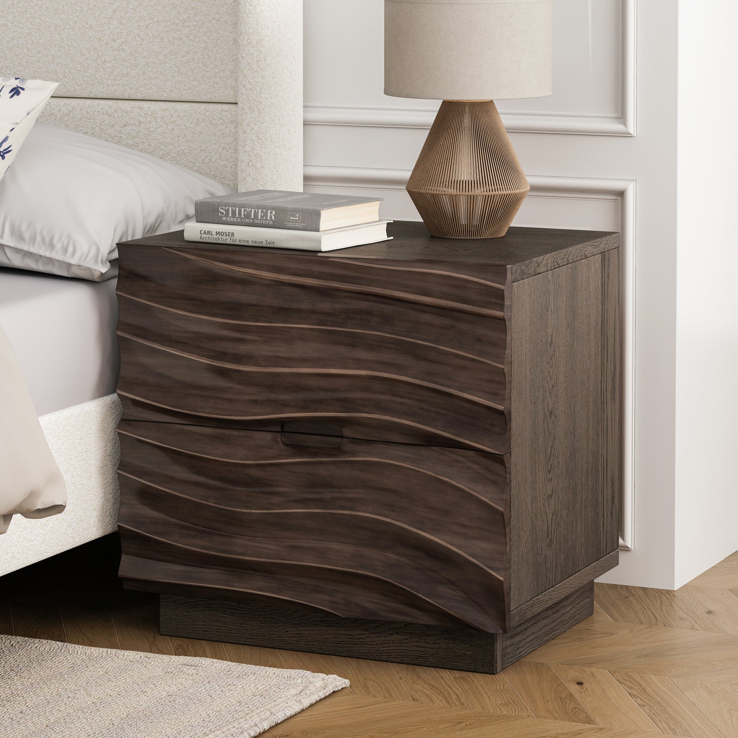 Solid Wood Nightstands, Bedside Table with 2 Drawers, No Handles, Sofa End Table for Living Room, Bedrooms,Brown image 4