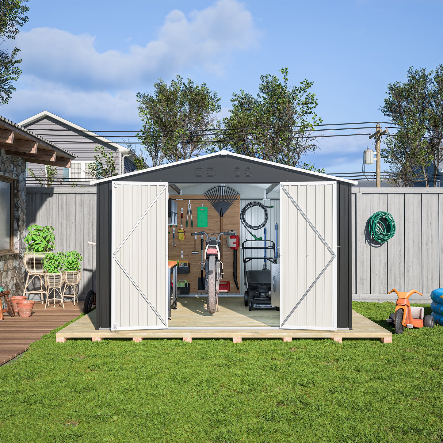 Outdoor Storage Shed 10x12 FT, Utility Metal Tool Storage with Lockable Doors and Updated Frame Structure, Large Metal Garden Shed for Backyard, Patio Lawn, Black image 7