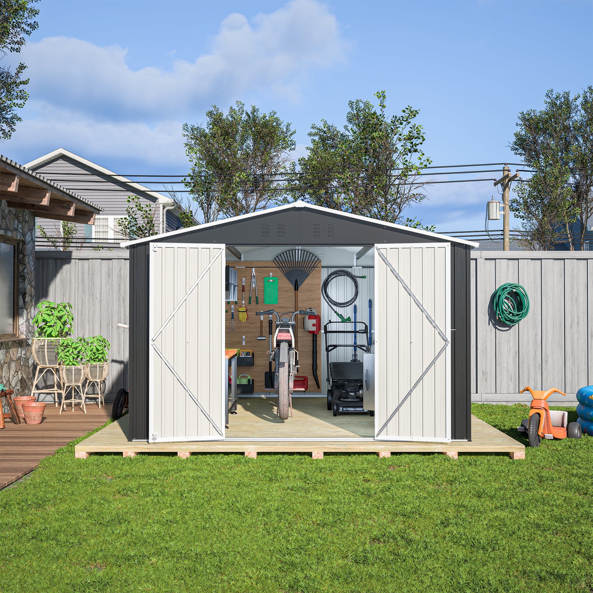 Outdoor Storage Shed 10x12 FT, Utility Metal Tool Storage with Lockable Doors and Updated Frame Structure, Large Metal Garden Shed for Backyard, Patio Lawn, Black image 7