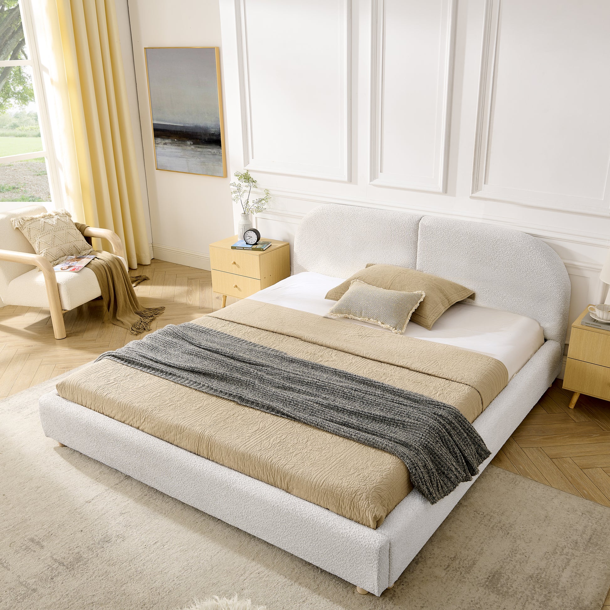 Queen Size Upholstered Bed Frame, Modern Minimalist Style with Tall Curved Headboard, Premium Circle Yarn Fabric & Sturdy Leg Support, Mattress Not Included-Beige image 2