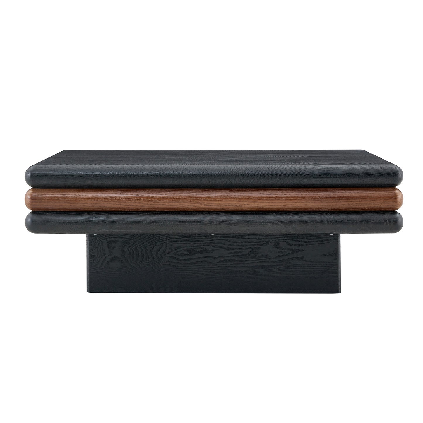 Modern 3-Tier Stacked Rectangular Coffee Table, MDF with Wood Veneer, Walnut & Black Accent Center Table for Living Room image 11