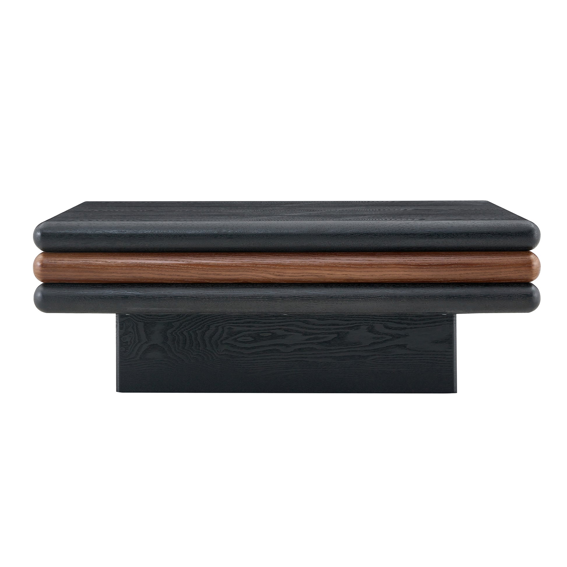 Modern 3-Tier Stacked Rectangular Coffee Table, MDF with Wood Veneer, Walnut & Black Accent Center Table for Living Room image 11