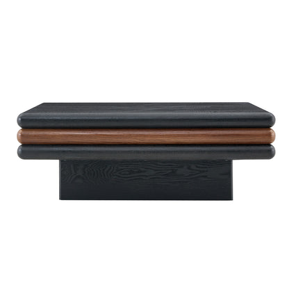 Modern 3-Tier Stacked Rectangular Coffee Table, MDF with Wood Veneer, Walnut & Black Accent Center Table for Living Room image 11