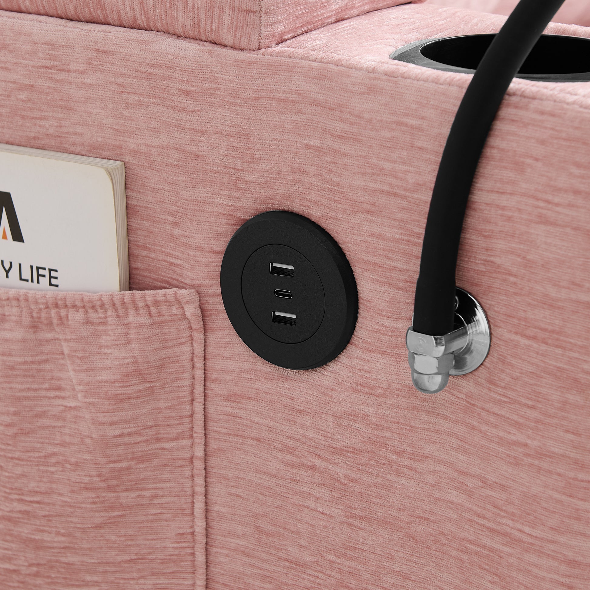 Single sofa recliner with manually adjustable backrest, USB charging port on the armrest side, phone stand included, hidden armrest storage, and a matching storage ottoman-Pink image 11