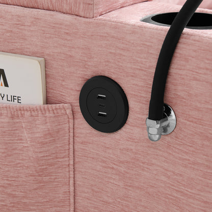 Single sofa recliner with manually adjustable backrest, USB charging port on the armrest side, phone stand included, hidden armrest storage, and a matching storage ottoman-Pink image 11