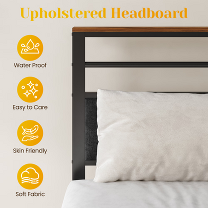 Queen Size Bed Frame with Charging Station, Platform Bed with Metal Slats, Upholstered Headboard with Storage Shelves, No Box Spring Needed, Black image 7