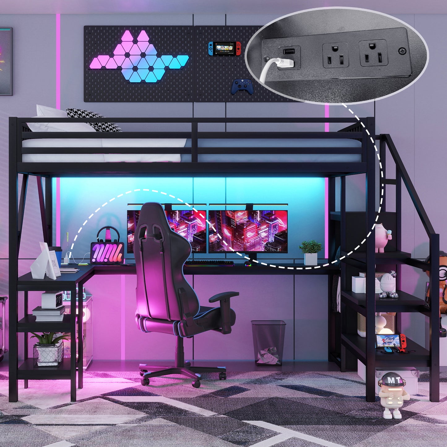 Metal Queen Loft Bed with Wardrobe and LED Light, Queen Size Loft Bed with L Shaped Desk and USB for Kids Teens Adults, Black(Old SKU W2593S00043,Expect Arrival Date 2026/3/7) image 2