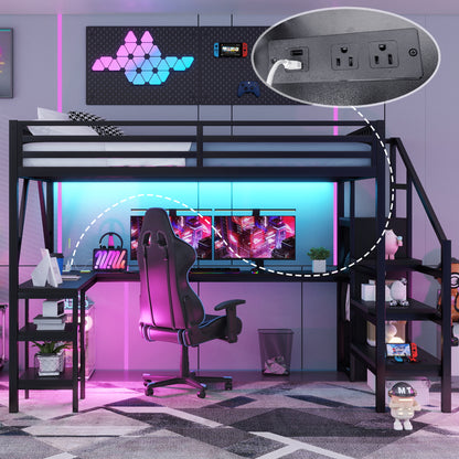 Metal Queen Loft Bed with Wardrobe and LED Light, Queen Size Loft Bed with L Shaped Desk and USB for Kids Teens Adults, Black(Old SKU W2593S00043,Expect Arrival Date 2026/3/7) image 2