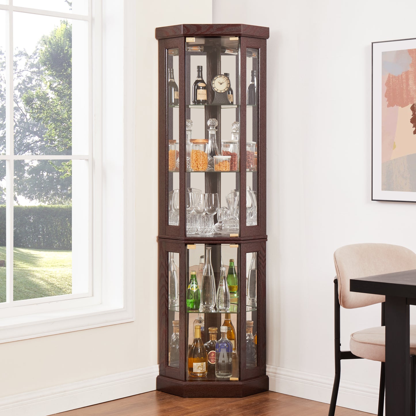 Corner Glass Cabinet Lighted Curio Cabinet Corner Display Case for Living Room, Curio Cabinet, Antique collection, Wine,Bar Glass Storage Light Included,Dark Cherry image 4