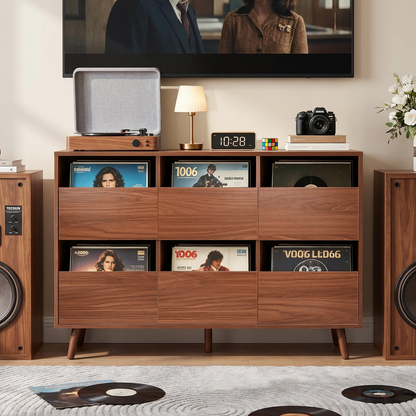 44.1 inch large record player stand walnut front view with six compartments